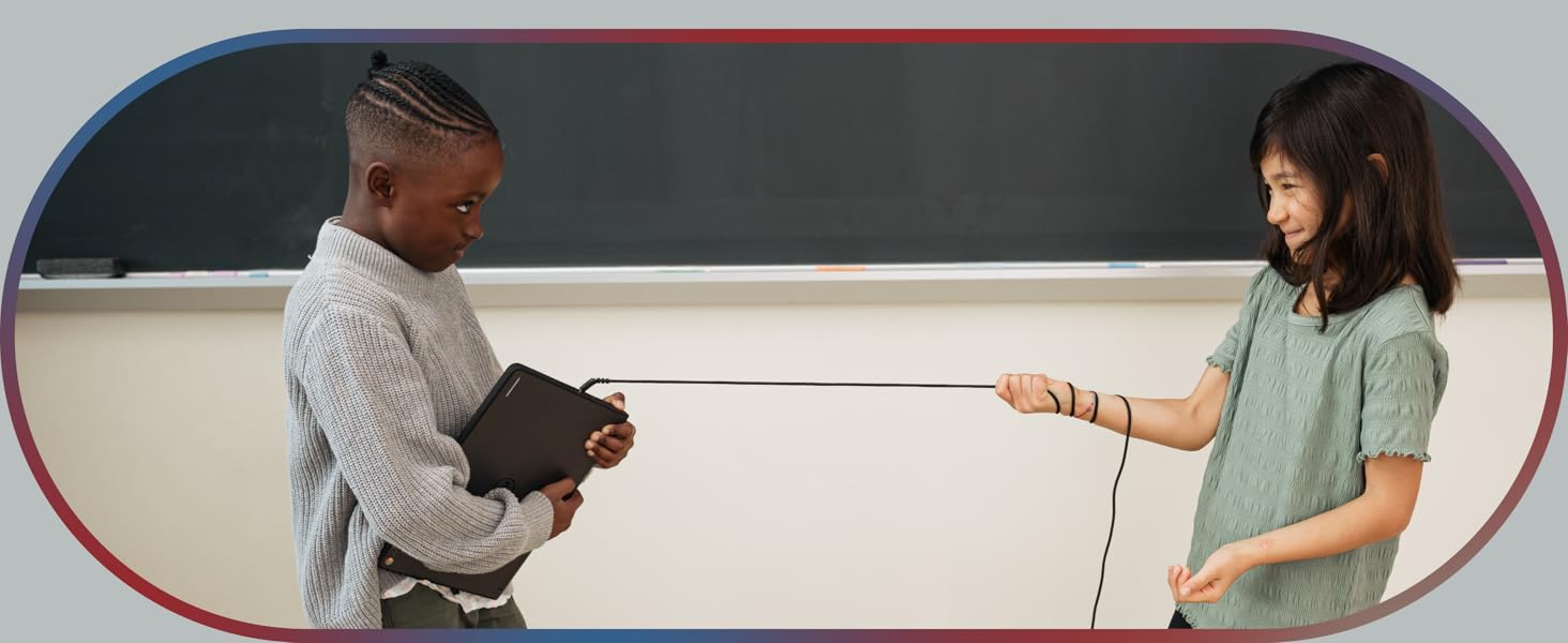 Two children testing the reinforced connection durability of Cyber Acoustics headsets