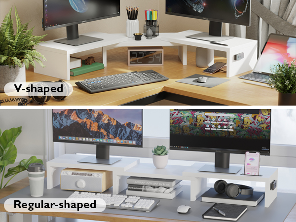 Two desk organizer styles: V-shaped and regular-shaped. Both feature raised monitor stands, storage compartments, and space for keyboards and accessories.