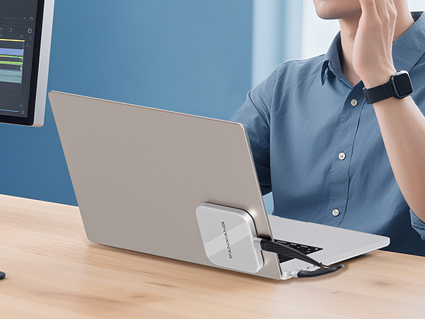 Series of images showing a laptop stand in use on a desk, demonstrating adjustable height positions and ergonomic viewing angles.