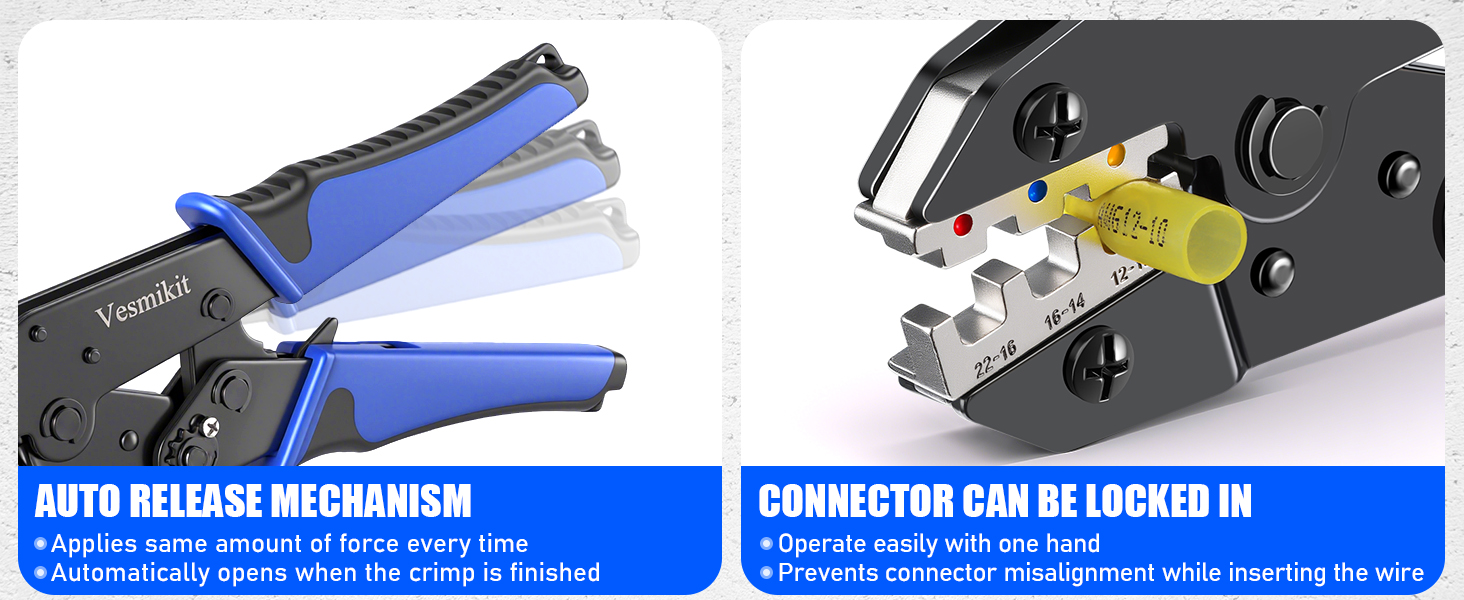 crimper with auto release mechanism and connector an be locked in