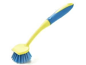 Dish brush with yellow handle and blue bristles, designed for cleaning dishes and kitchenware.