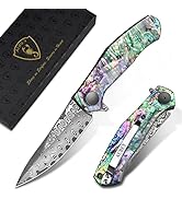 AUBEY Damascus Pocket Knife for Women Men, Sharp 3.23" Damascus Steel Blade Knife with Clip, EDC ...