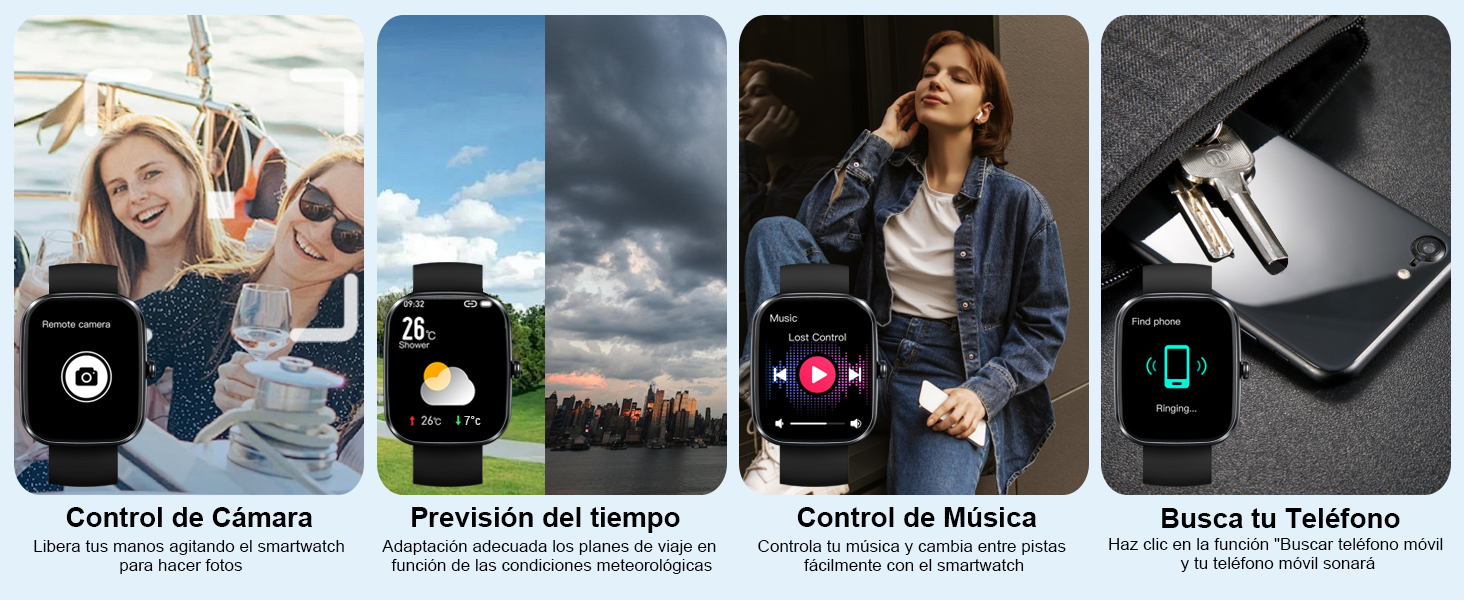 Four interface screenshots showing smartphone app features including camera control, weather forecast, music control, and text messaging functions.
