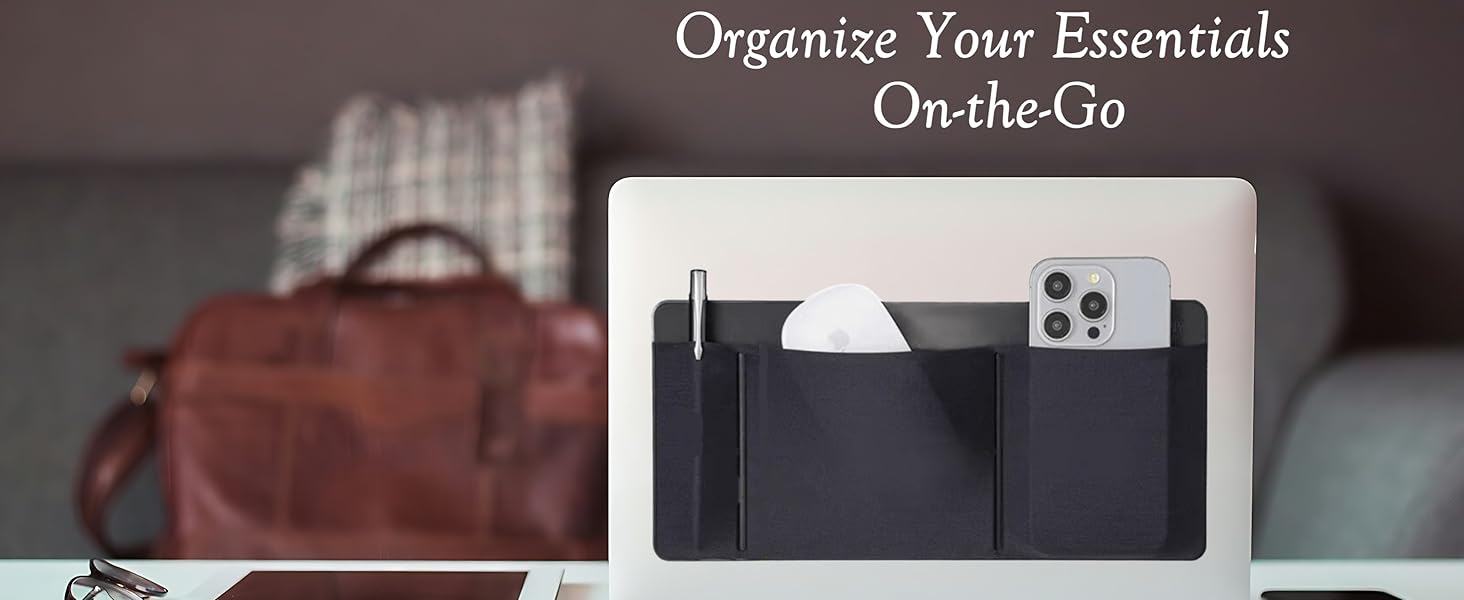 3-Pocket Stick-On Laptop Organizer with 3M adhesive on MacBook, holding hard drive, mouse