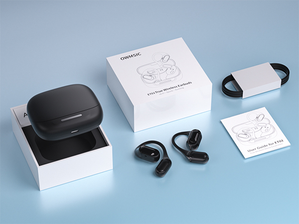 Product photography sequence showing white retail packaging and black electronic devices including what appear to be earbuds against light blue backgrounds.