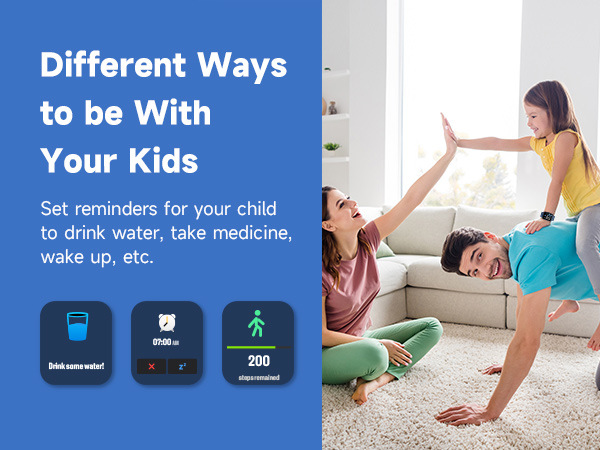 Mobile app interface showing child care reminders with icons for water, medicine, and exercise, alongside family activity image.