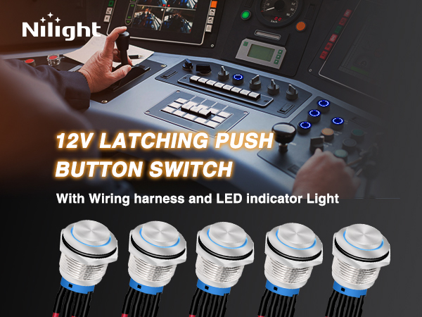 12mm Push Button Switch 5PCS with Pre Wired Harness 12V 24V Stainless Latching LED Round Switch