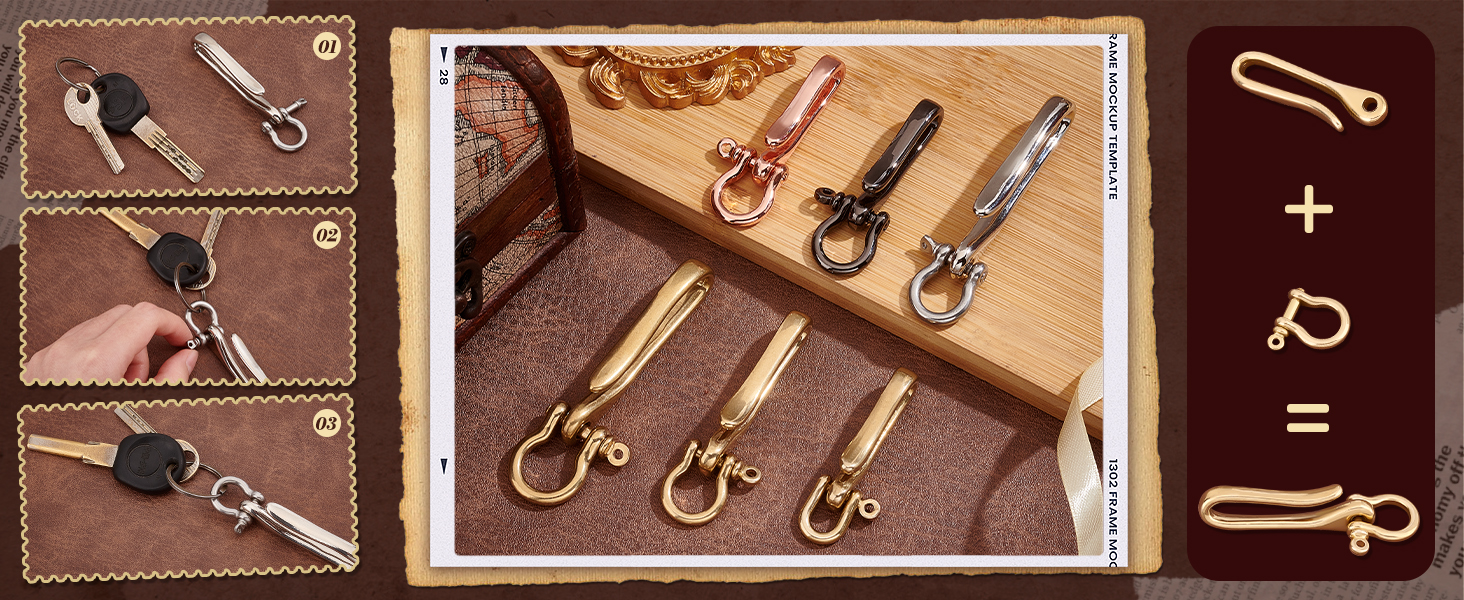 Set of leather keychain crafting tools and components. Includes metal clips, rings, leather pieces, and assembly instructions on a wooden surface.