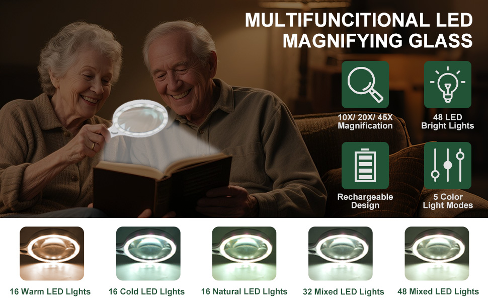 rechargeable magnifying glass with 5 color modes