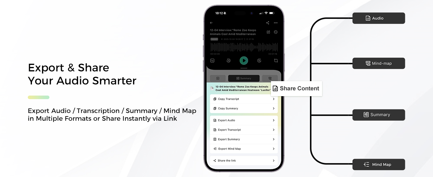 Export Audio/Transcription/Summary/Mind Map in Multiple Formats or Share via Link in AI app
