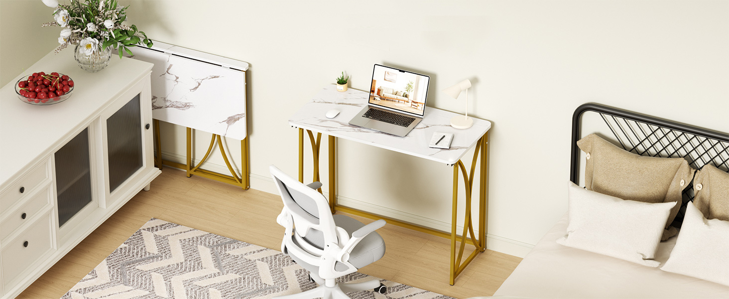 Unfolded foldable desk by bed, thin folding desk stores in the gap of white dresser with wall