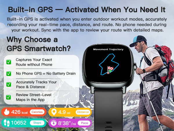 GPS smartwatch for outdoor runs &amp; hikes. Tracks pace, distance, route without phone.