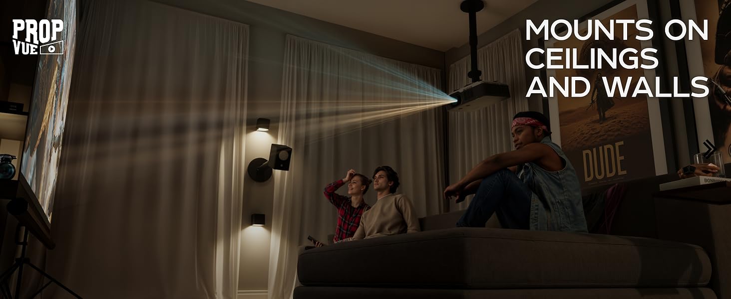 MOUNTS ON CEILINGS AND WALLS shown with ceiling projector in living room.