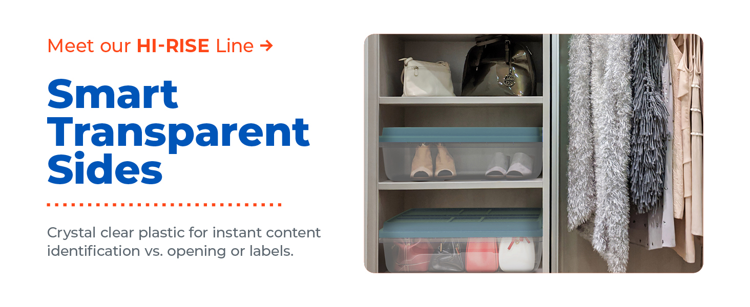 Clear Hefty Hi-Rise storage bins for easy content visibility