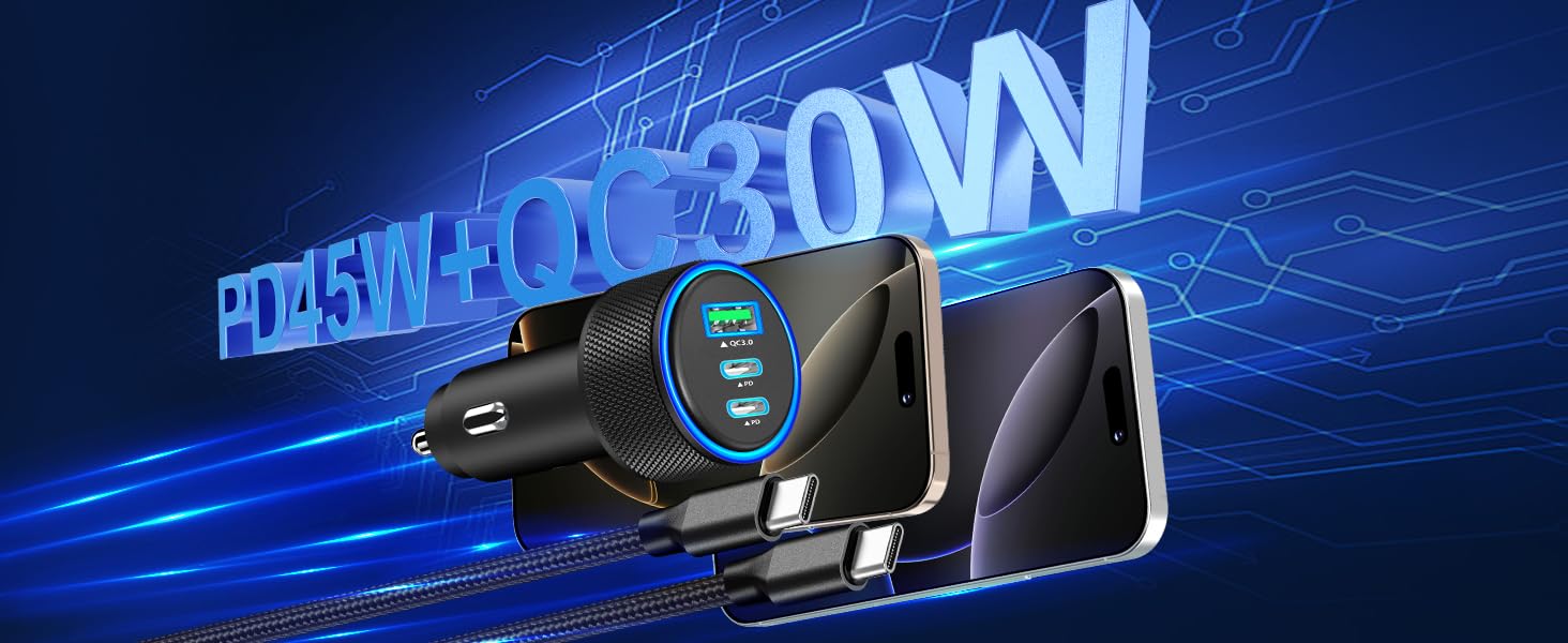 MFi Certified 3-Port 67W USB-C + USB-A Power Cigarette Lighter iPhone 16 Car Charger Fast Charging
