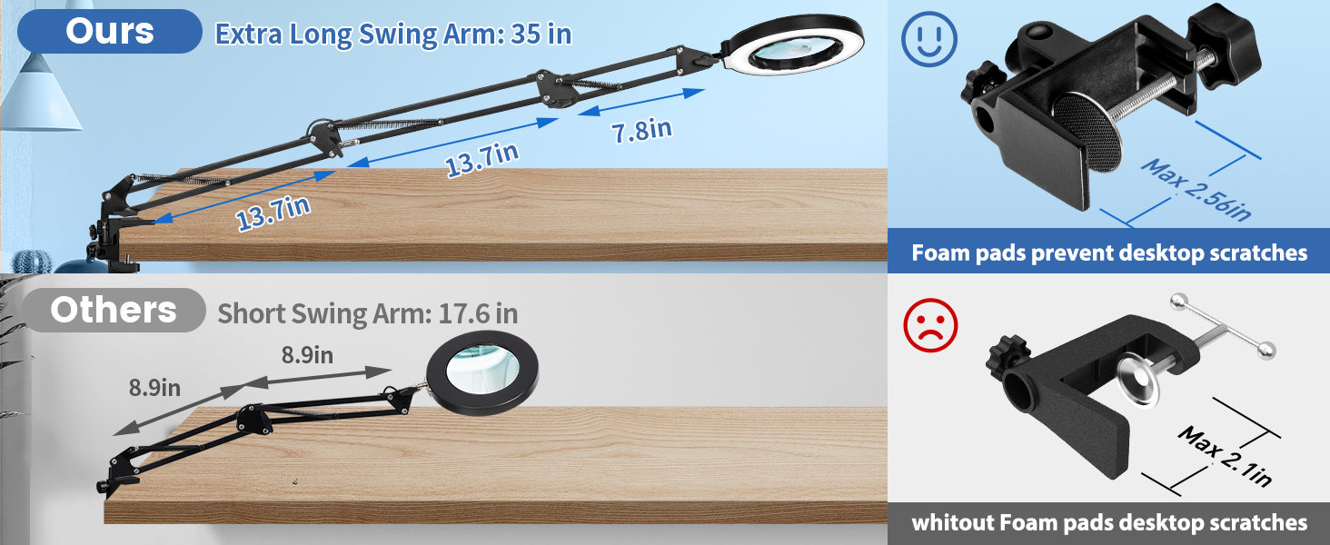 extra long 3-section arm lighted magnifying glass with stand craft light workbench light