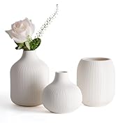Dnnnii Modern White Ceramic Vase Set of 3 - Ribbed Texture Minimalist Vases for Neutral &amp; Transit...