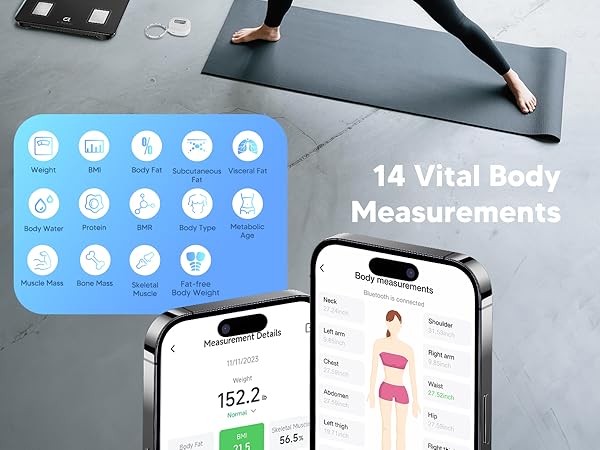 Smart scale with app tracking body metrics like BMI, fat, muscle, and water during home workout.
