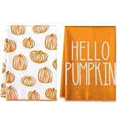 AnyDesign 2 Pcs Fall Kitchen Towels Hello Pumpkin Waffle Dish Towel Orange Pumpkin Hand Drying Te...