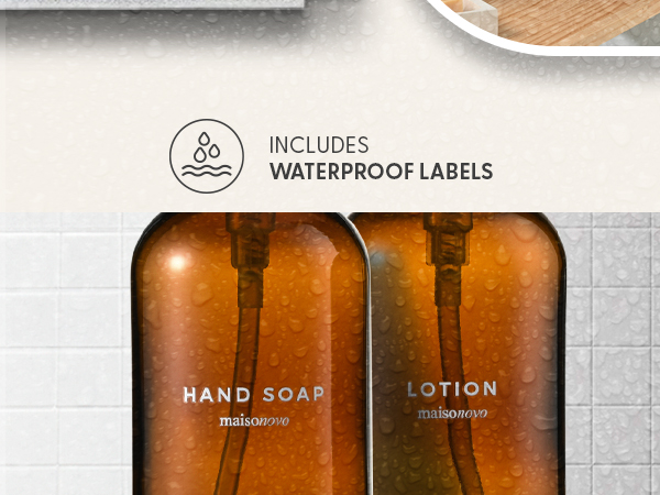 Text reads 'INCLUDES WATERPROOF LABELS', 'HAND SOAP', 'LOTION'. Two amber glass bottles with white labels in white box packaging with waterproof label feature icon.