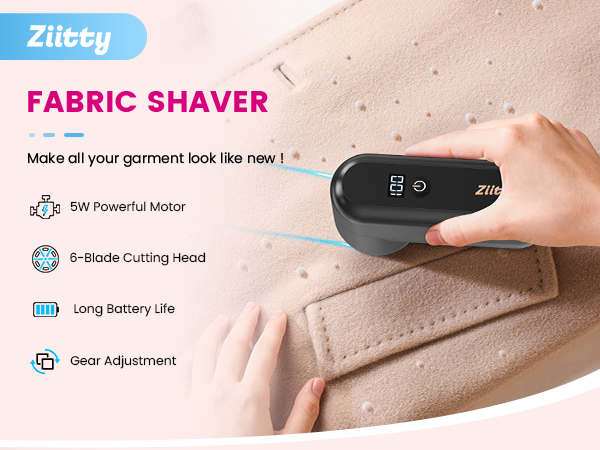 Text reads 'Zitbby FABRIC SHAVER Make all your garment look like new! 50 Powerful Motor Blade Cutting Head Long Battery Life Gear Adjustment'. Hand holding black fabric shaver device against beige textured fabric.