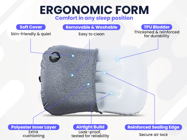 inflatable camping pillow showing its soft cover, polyester inner layer, and TPU air bladder
