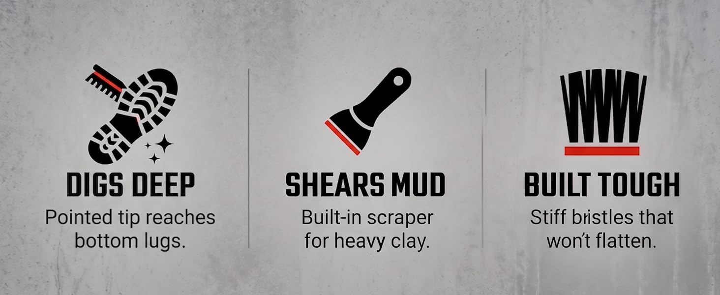 sole scrubber boot brush digs deep into lugs scraps mud stiff bristles built tough
