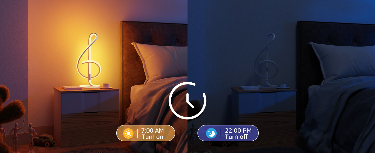 Musical note-shaped LED desk lamp showing day/night modes with 7:00 AM and 22:00 PM time settings, displaying warm and cool lighting options.