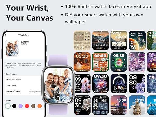 Text reads 'Your Wrist', '100+ built-in watch faces in Veryfitpro app', 'DIY your smart watch with your own wallpaper'. Smartwatch interface customization display showing multiple watch face designs.