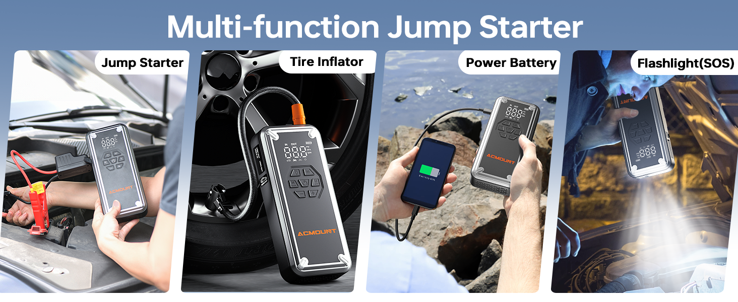 Multi-function jump starter device shown in four uses: connecting to car battery, inflating tire, charging phone, and as flashlight. Compact black design with digital display.