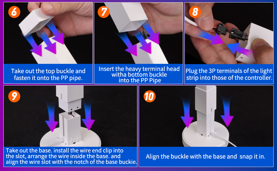 Instructional diagram showing steps for assembling or connecting blue components. Multiple panels with directional arrows indicating proper alignment and connection process.
