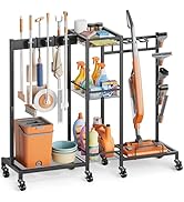 Broom Holder with Cleaning Supplies Organizer, Broom Closet Storage Cabinet with Cleaning Caddy V...