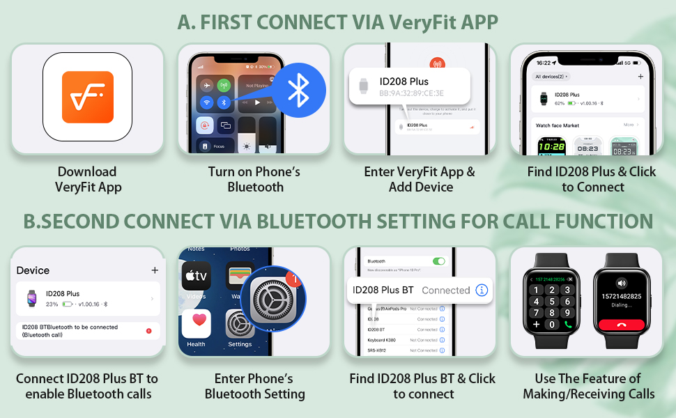 Instructions for connecting a smartwatch via VeryFit App and Bluetooth. Steps include downloading app, turning on Bluetooth, and pairing the device.