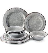 LEHAHA Farmhouse Melamine Dishes Dinnerware Set, 12 Piece Rustic Plates and Bowls Great for Picni...