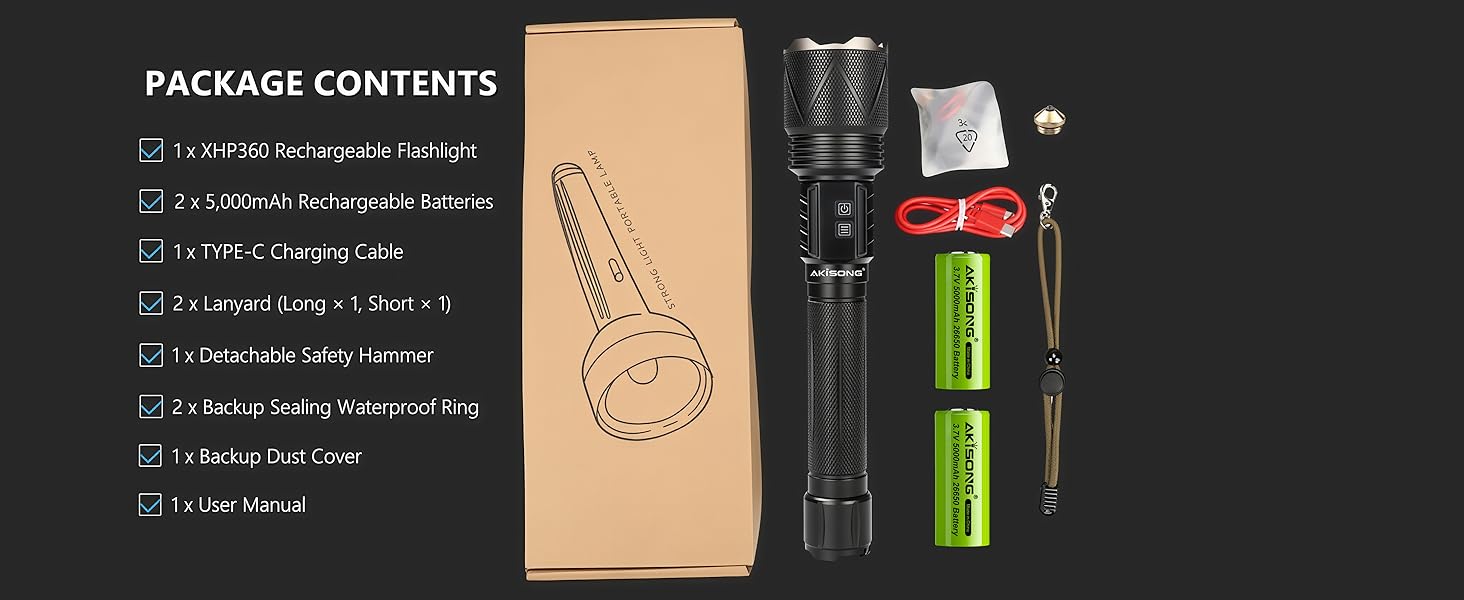 Rechargeable Flashlight Packing List, No Need to Purchase Any Accessories.