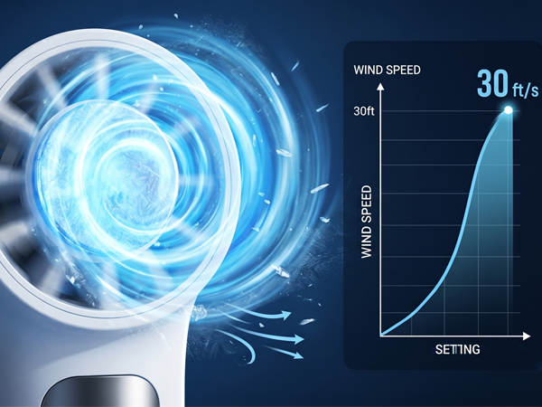 Text reads "WIND SPEED 30m/s" with settings chart. Digital visualization of blue glowing spherical fan with wind speed gauge showing 30m/s output and adjustment curve graph.