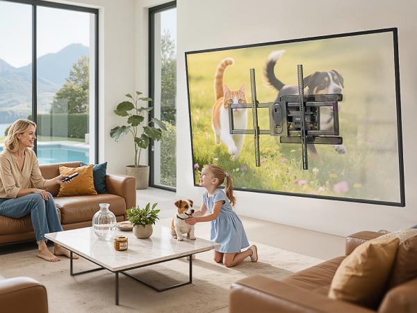 Large framed artwork on living room wall, with woman on sofa and child on floor. Modern interior with mountain view through windows.