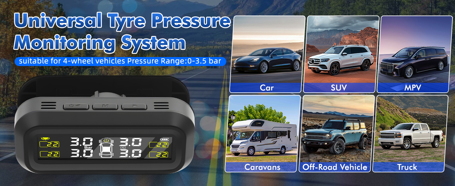 Tire pressure monitoring system display with digital readout. Product image shows compatibility with various vehicle types including cars, SUVs, MPVs, caravans, off-road vehicles, and trucks.
