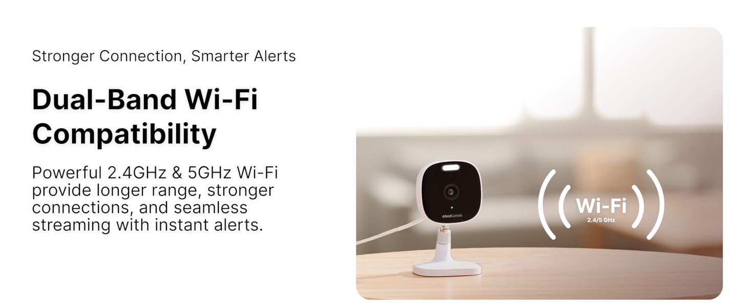 AlfredCam Plus 2 on table showing dual-band Wi-Fi support for stronger, seamless connections.