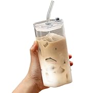 Yjcnelcr Glass Cup with Transparent Lid and Straw,12 Oz Iced Coffee Cup,Glass Smoothie Drinking C...