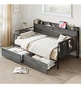 LIKIMIO Twin Daybed with 2 Storage Drawers &amp; Side Pocket, Farmhouse Storage Headboard with Chargi...