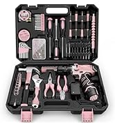 Sundpey Home Tool Kit with Drill - 206PCs Pink Tool Kit with 12V Cordless Power Drill for Househo...