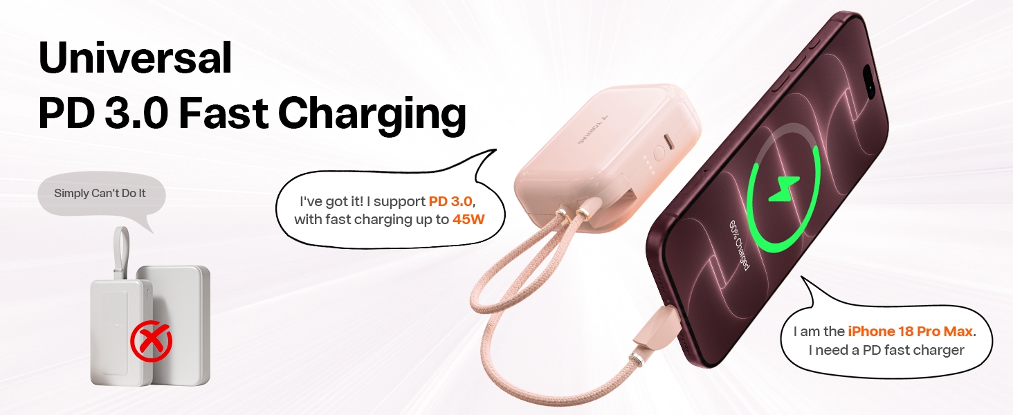 Portable charger with PD 3.0 fast charging protocol, widely compatible with iPhone and Samsung