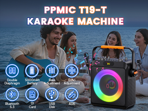 T19-T Multifunctional Karaoke Machine with Two Microphones and 6.5-inch Bass Speaker