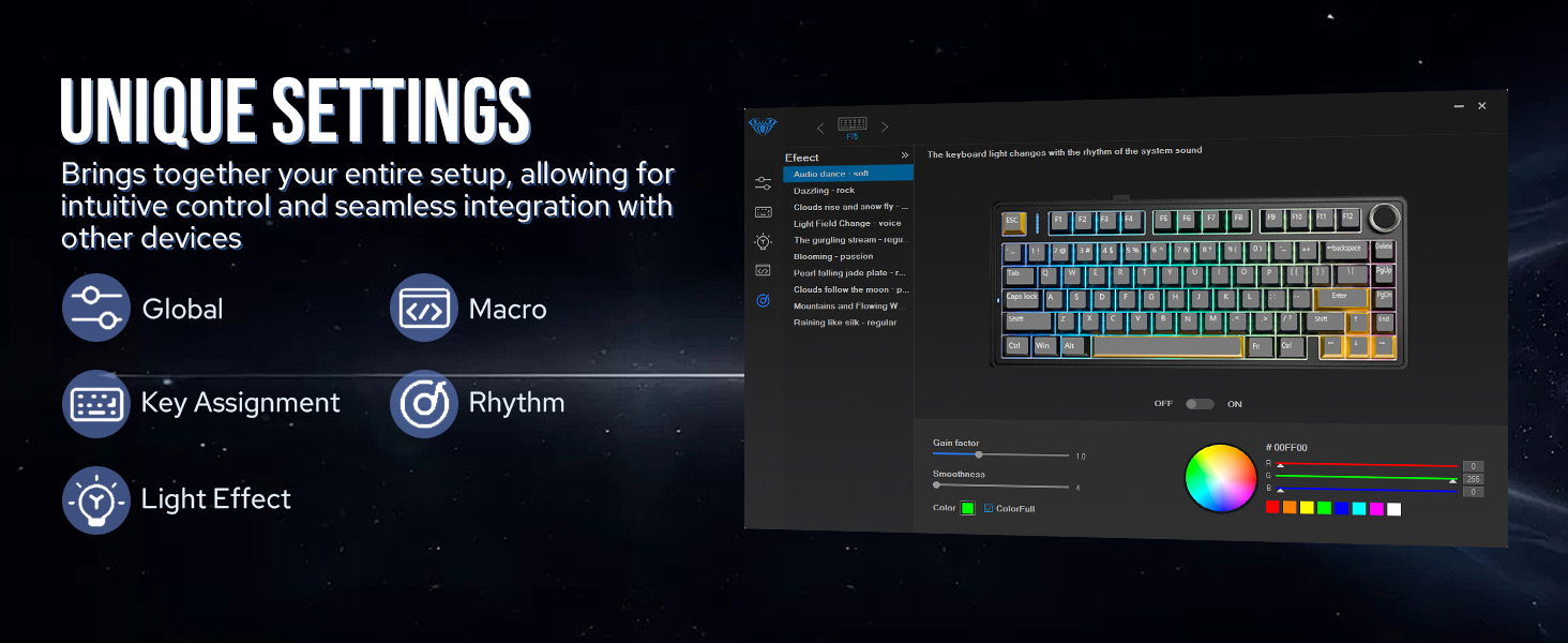 Computer interface showing keyboard customization options. Features include macro settings, key assignment, lighting effects, and rhythm controls.