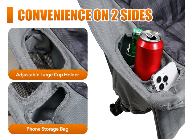 large camping chair with Adjustable dual oversized cup holders and phone pockets