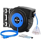 DEWENWILS Heavy Duty Cord Reel, 40FT Retractable Extension Power Cord, 12AWG/3C SJTOW, 3-Lighted ...