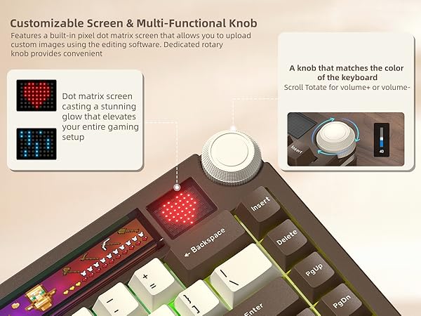 75% Mechanical Keyboard with Screen and Knob, Retro Creamy Wireless Gaming Keyboard Custom