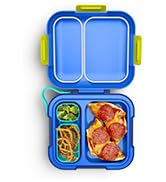 ZOKU Neat Bento lunch box in blue with pizza, pretzles, and broccoli