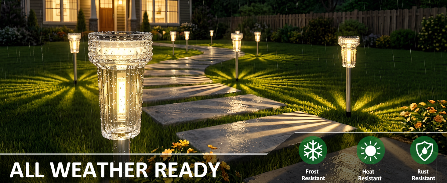Water resistant outdoor Solar Pathway Lights with clear plastic shade designed for Garden, Walkway